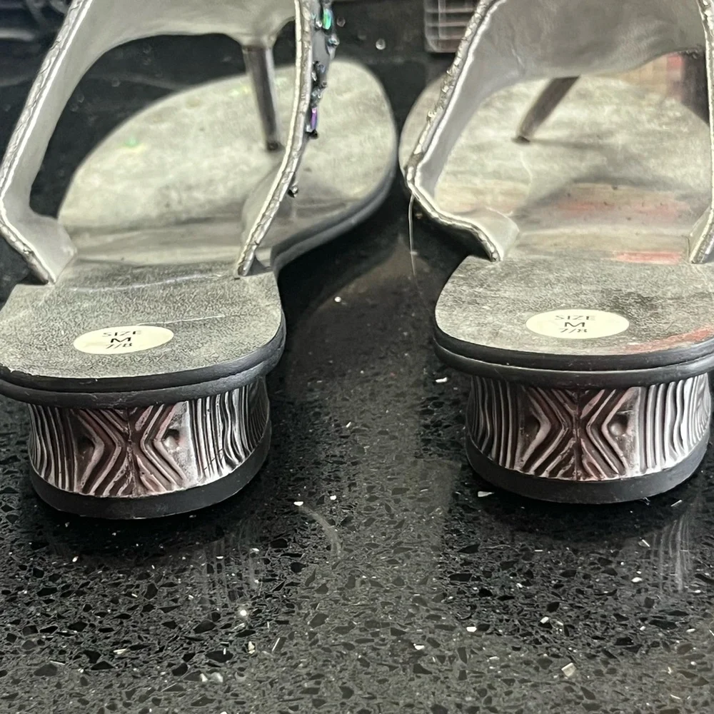 Pewter metallic purple blue sequin beads rhinestone silver heel thong sandals
